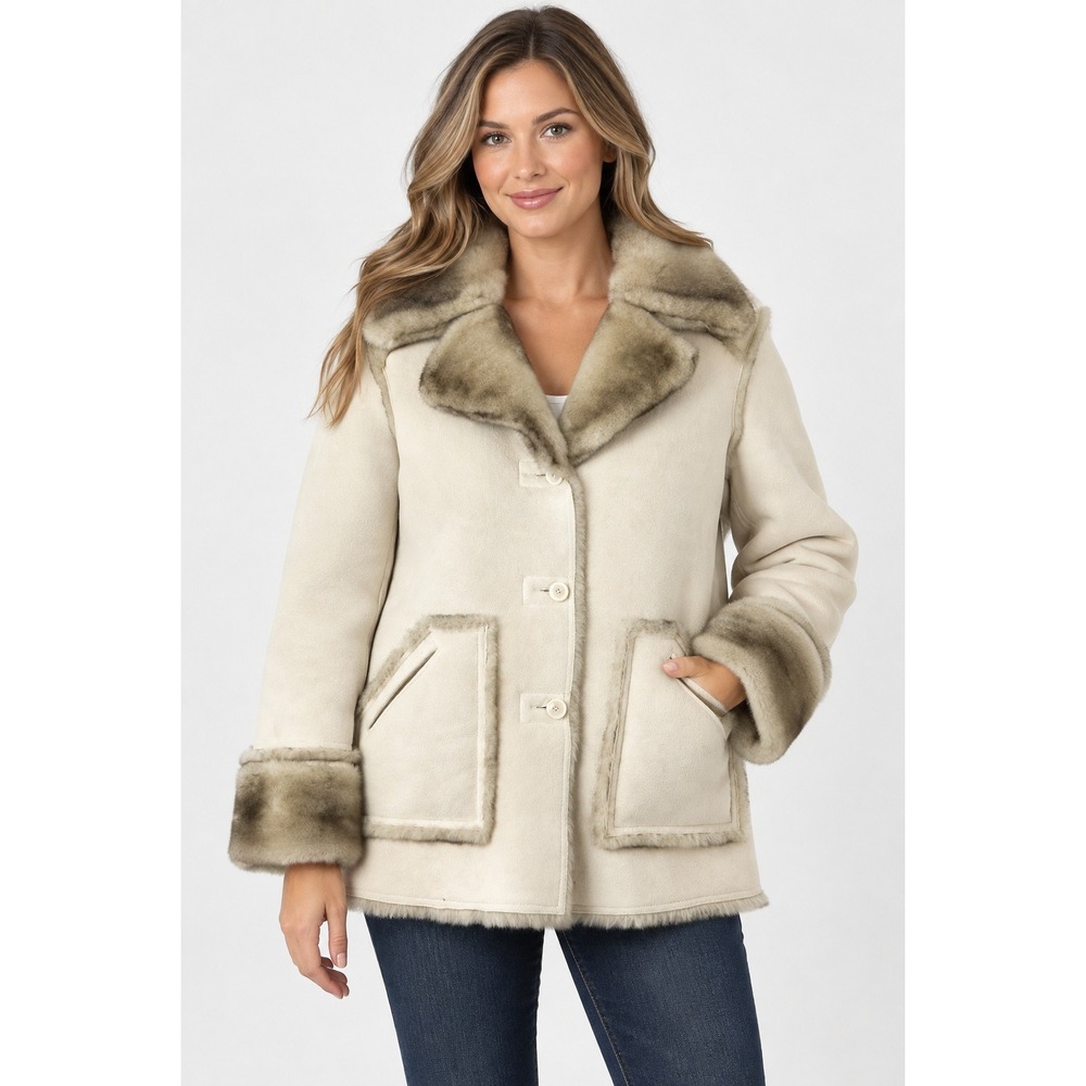 Dennis Basso Faux Shearling Coat Womens S Cream Tan Faux Fur Trim Y2K